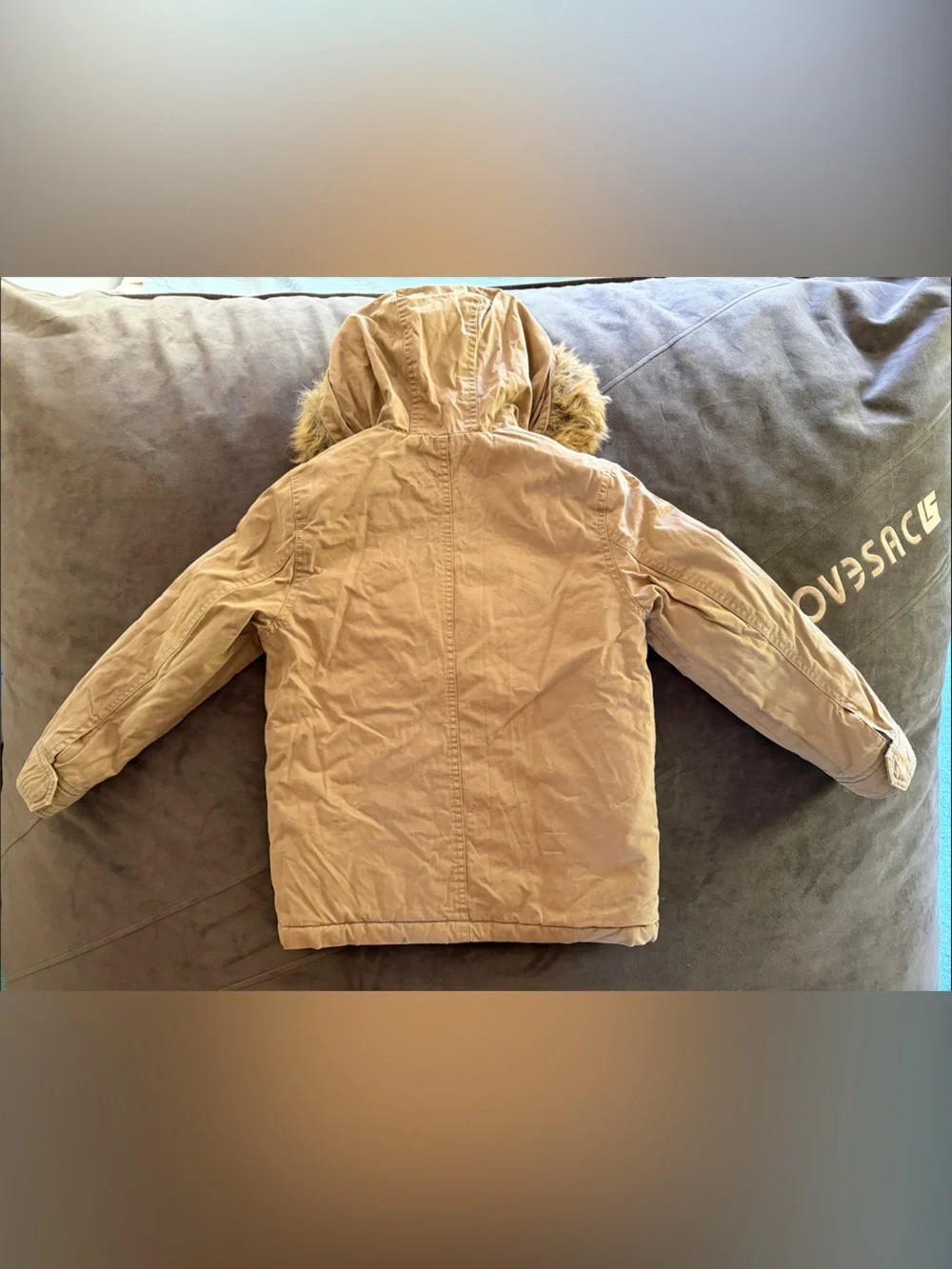 GAP Kids Hooded Puffer Jacket with Faux-Fur Trim in Tan